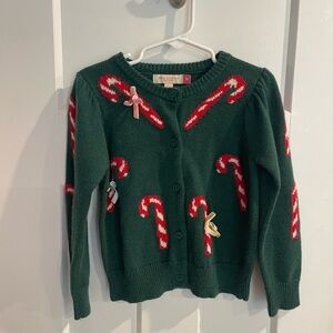 Pink Chicken Green and Red Cardigan with Festive Candy Cane Design